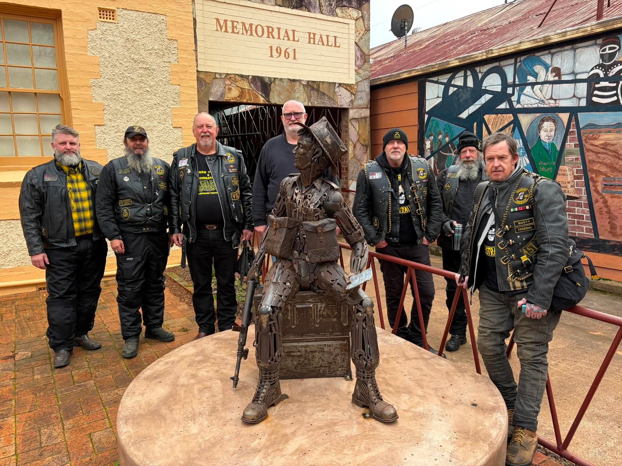 Veterans MC Federal Chapter members with the Ardlethan ANZAC Soldier statue